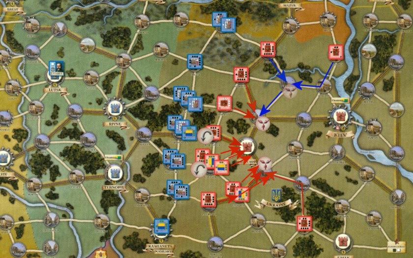 Red arrows indicate first operation phase moves, blue arrows second operation phase moves in the first round. Ghosted orders represent orders to be executed on the second operation phase.